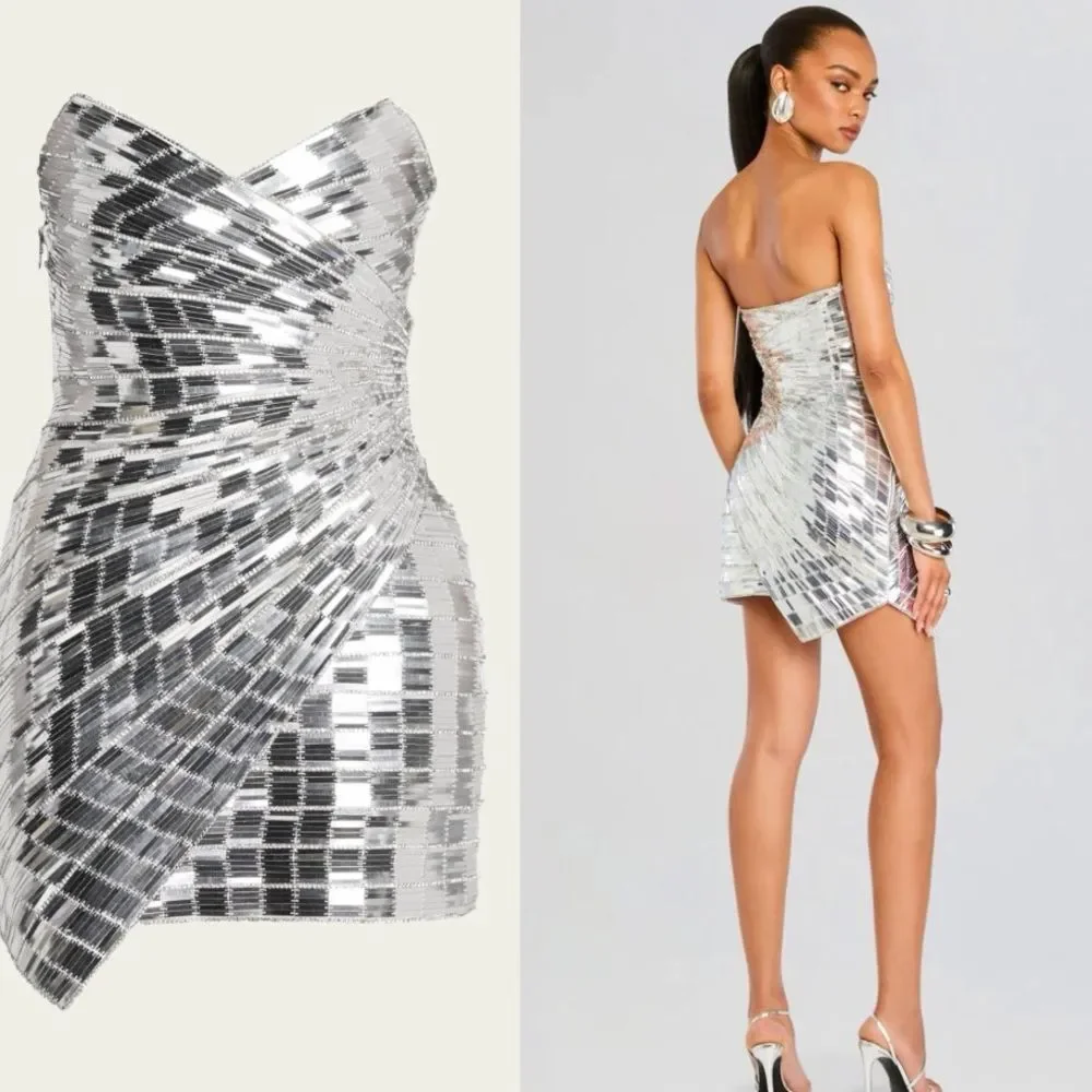 Retrofete Aura Strapless Rhinestone Embellished Mini Dress Silver Size Small - Picture 16 of 16